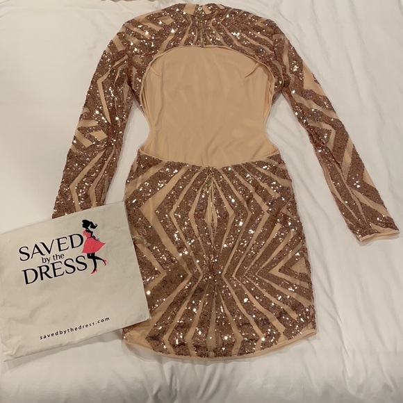 Rose Gold Sequin Long Sleeve Dress w Open Back - Picture 2 of 9